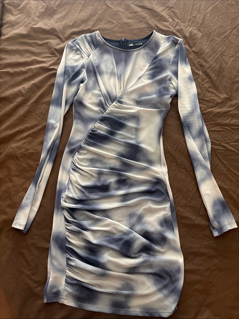 Zara Blue and White Marble Ruched Long-Sleeve Dress